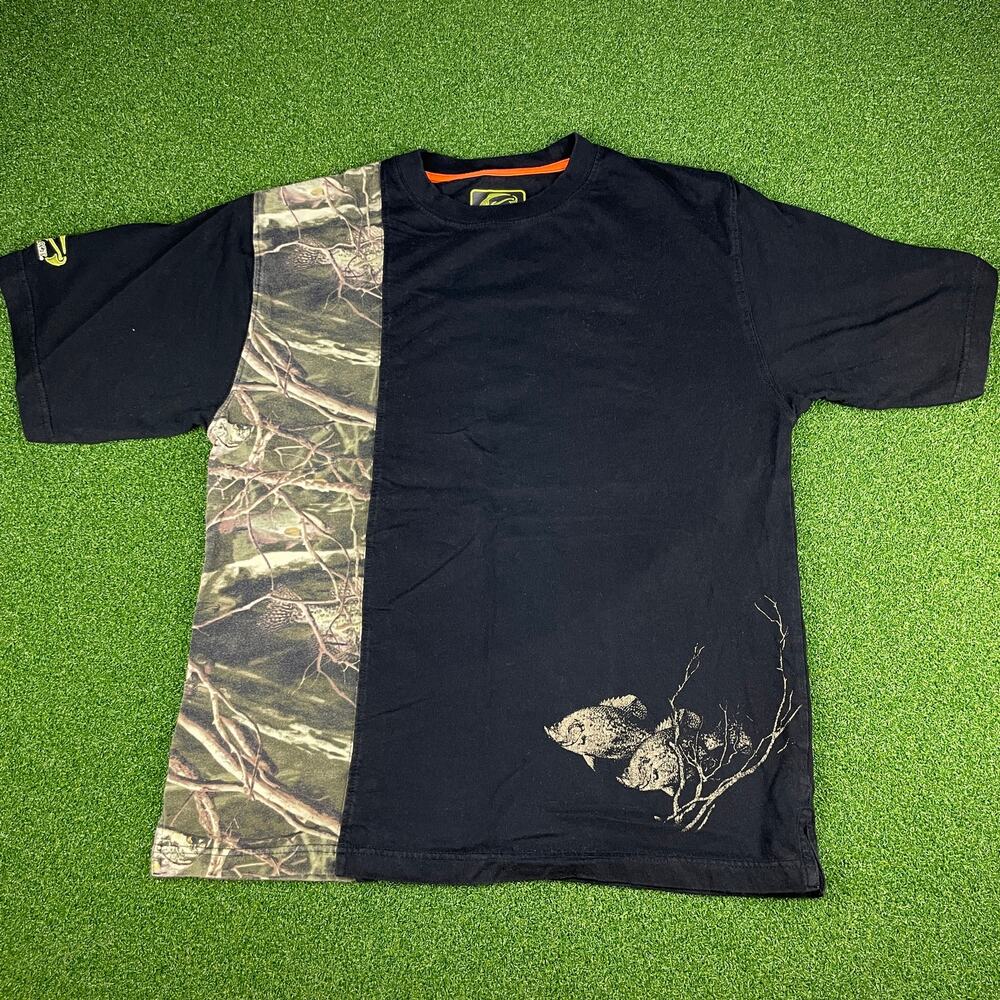 Y2K Fishouflage Camo Outdoor Black Short Sleeve Crew Neck T-Shirt Sz L